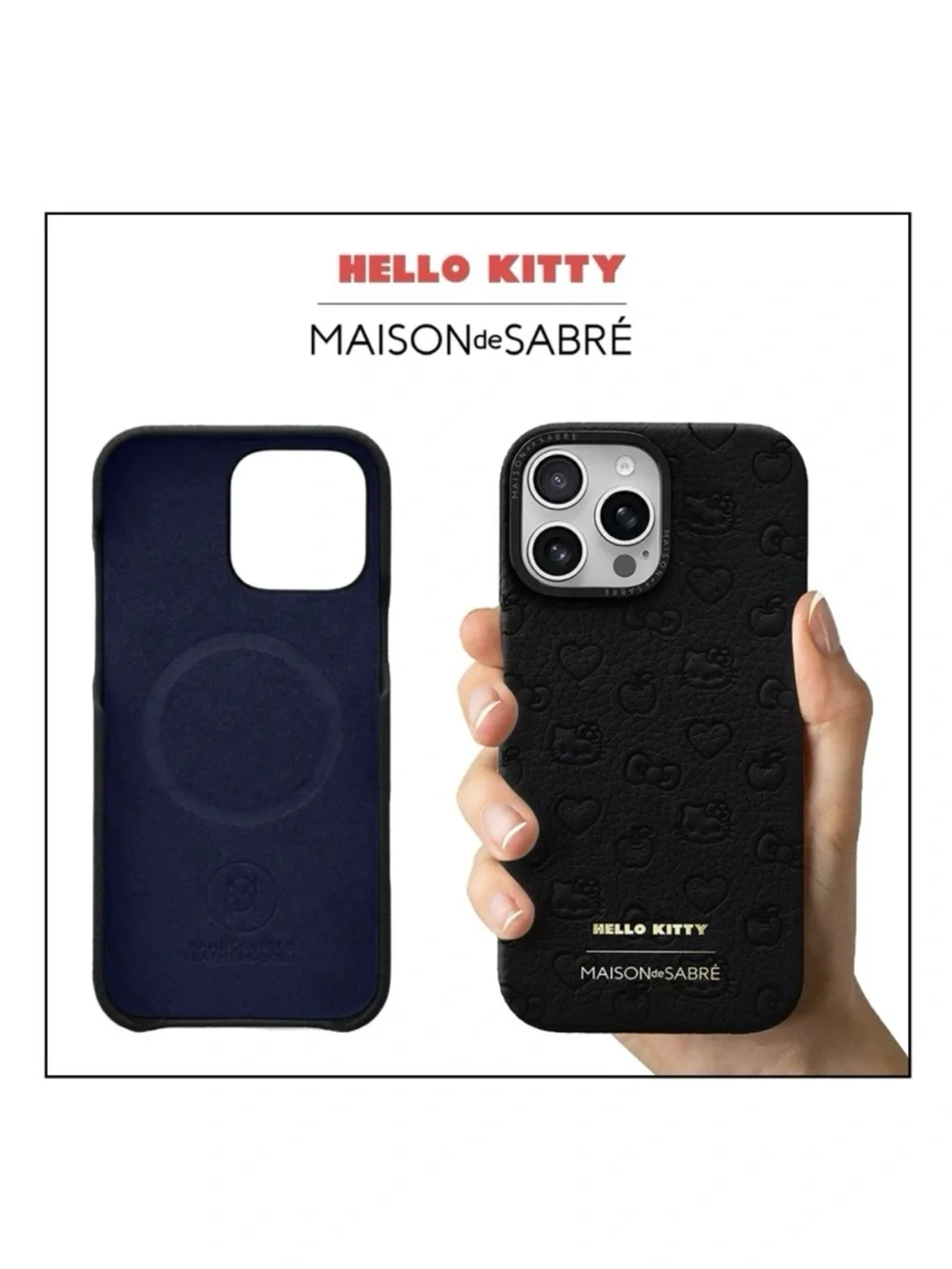 🆕 Maison de Sabré–Hello Kitty iPhone 16 Pro Case–Embossed Leather–Black Caviar